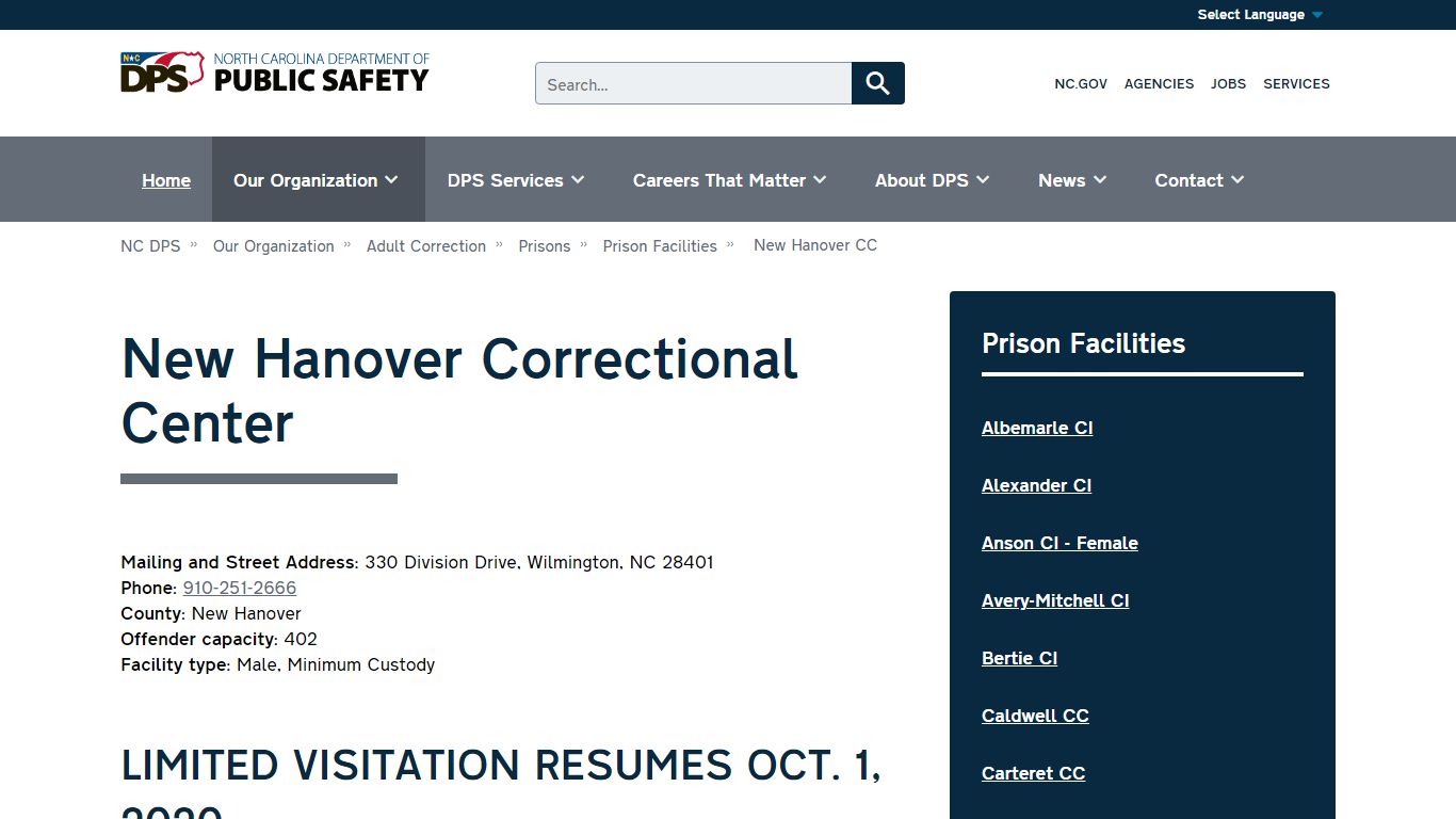 NC DPS: New Hanover Correctional Center